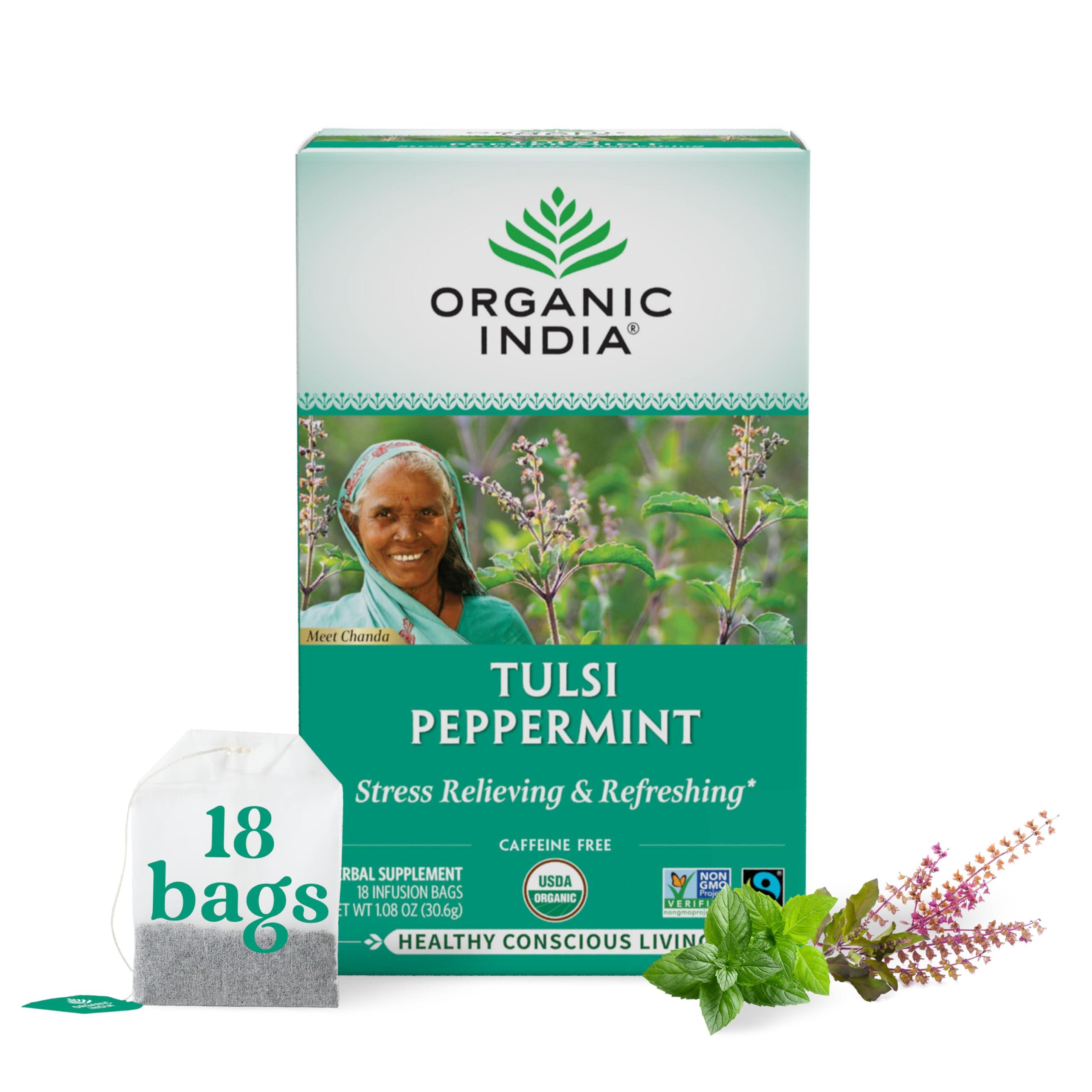 Organic India Tulsi Peppermint Tea, Immune Support, Organic, Non-GMO, and Fair Trade, 18 Infusion Bags (Pack of 1)