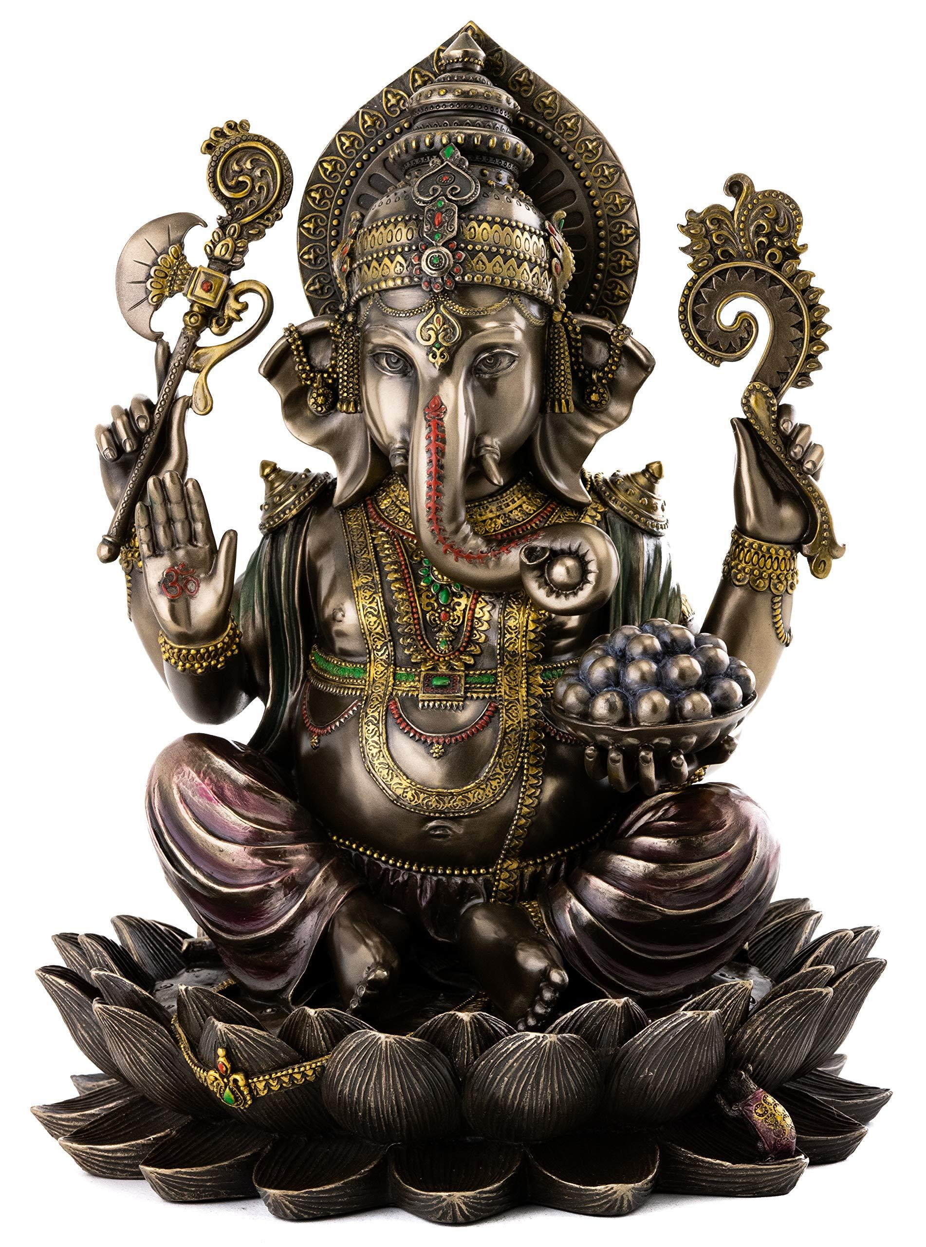 Top Collection Ganesh on Lotus Pedestal Statue - Ganesha Lord of Success and Destroyer of Evil Sculpture in Premium Cold Cast Bronze - 12-Inch Collectible Hindu Elephant Figurine